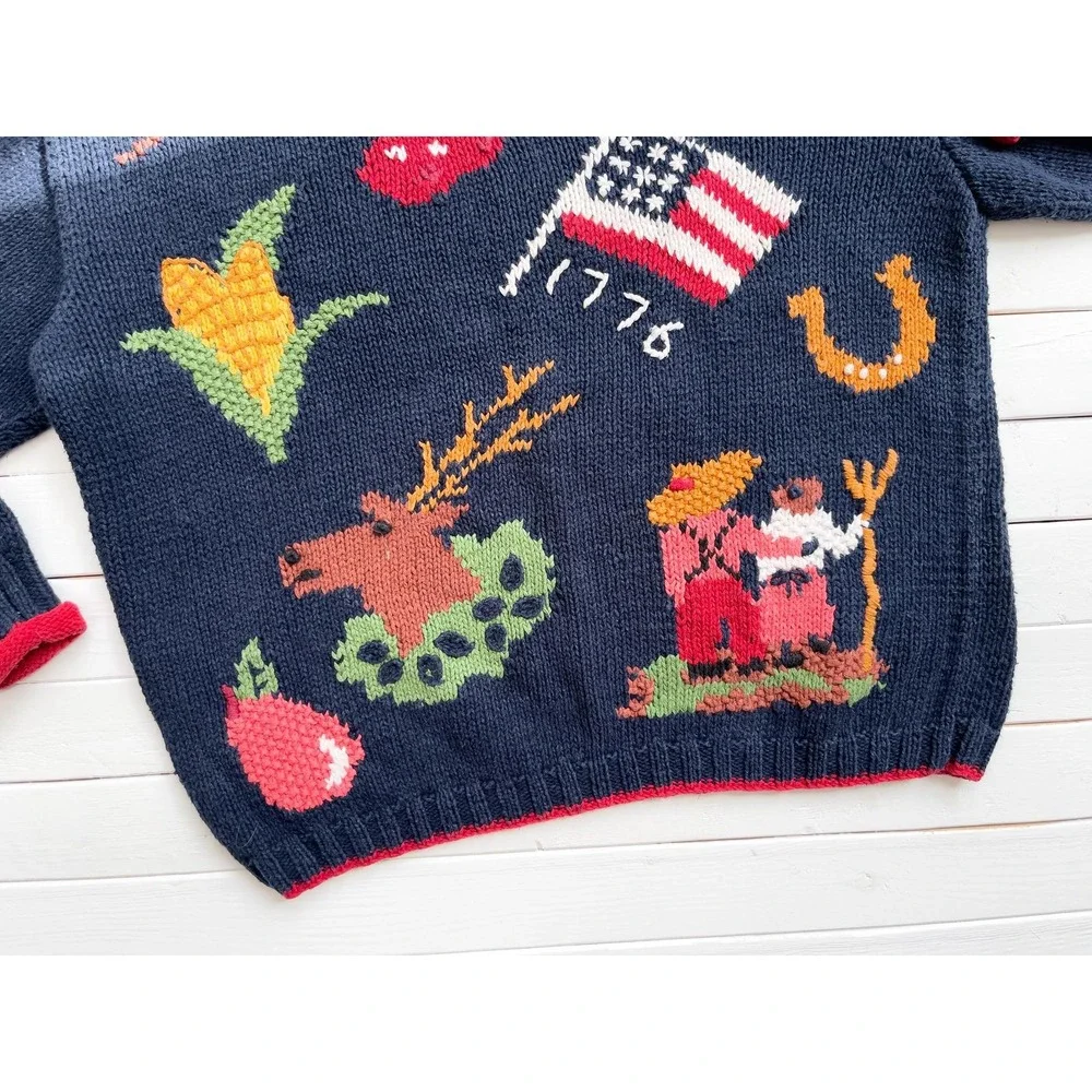vtg Heirlooms navy blue turtleneck Americana farm country hand knit sweater‎